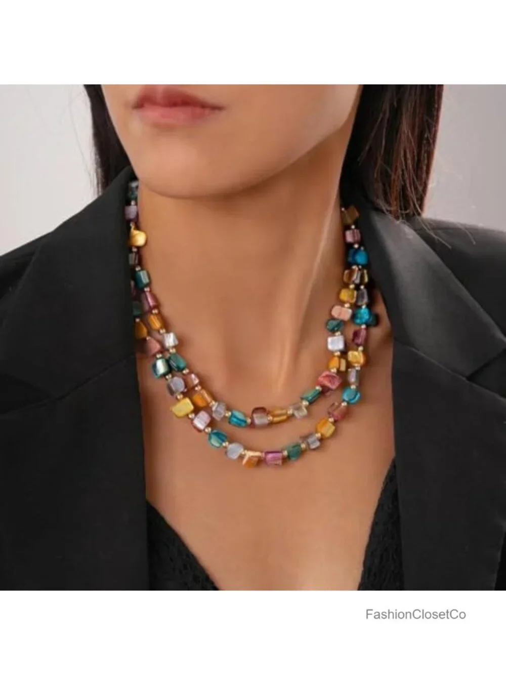 Boho Layered Beaded Faux Shell Choker Necklace Chunky Statement Jewelry